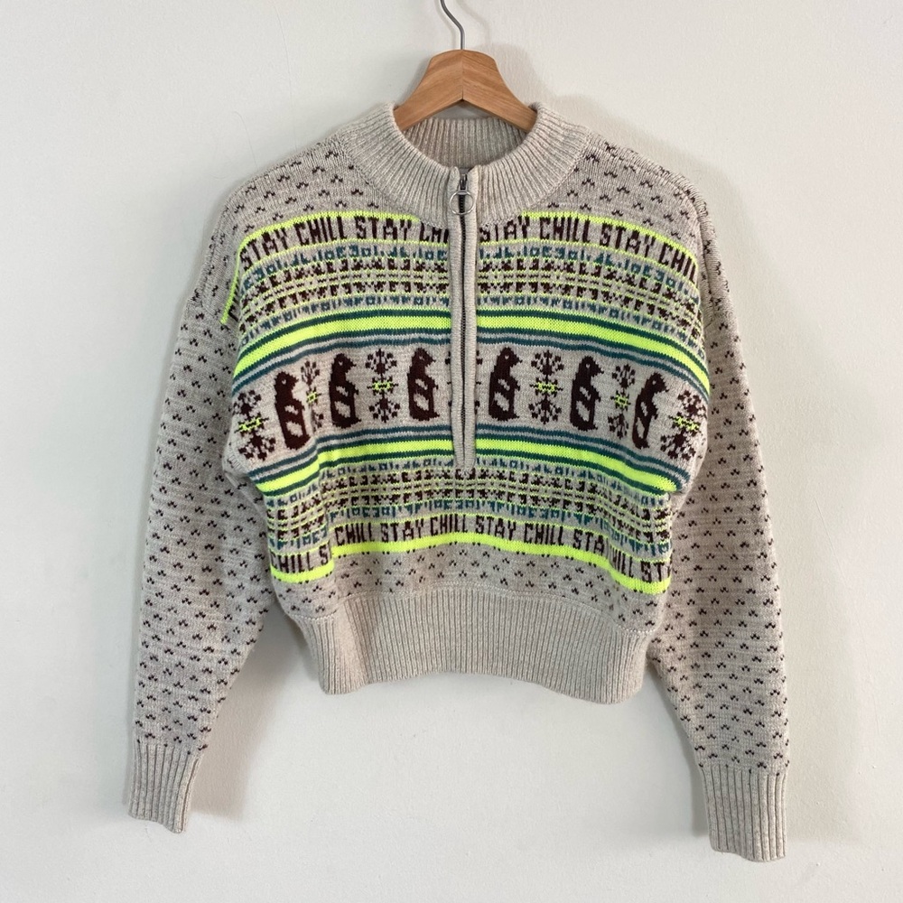 Urban Outfitters BDG Jesse Half-Zip Sweater Tan Brown and Neon Green - XS - Picture 7 of 16